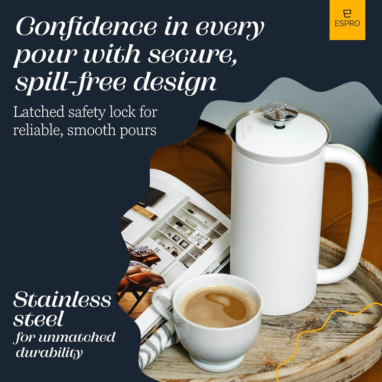 ESPRO P7 French Press Coffee Maker - Double-Walled Stainless Steel Insulated with Micro-Filter, 18 Ounces, Matte White