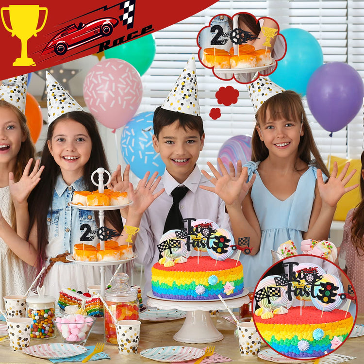 49 Pack Two Fast Cake Toppers Car Cupcake Toppers Decoration Double Sided Trophy Flag Race Car Birthday Party Supplies