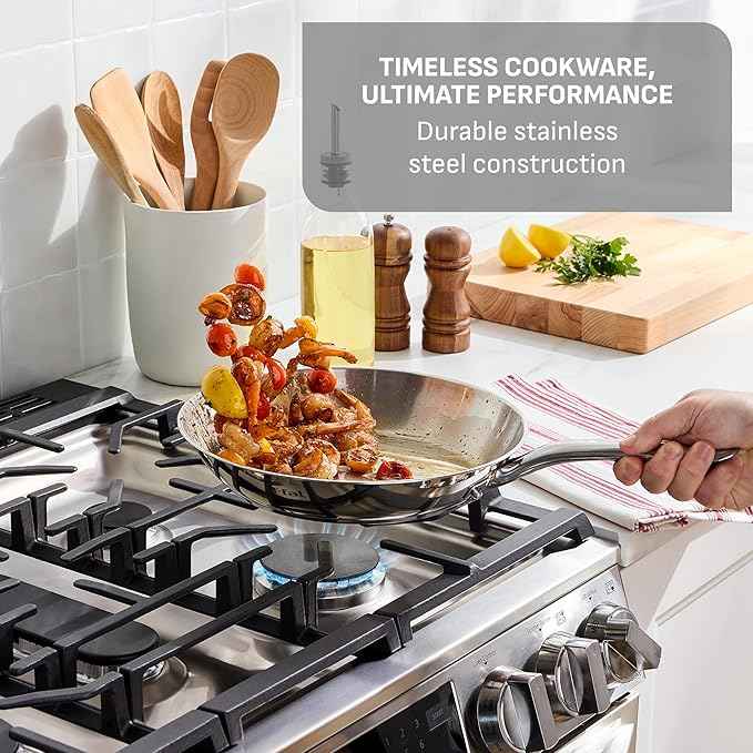 T-Fal Gourmet Stainless Steel Fry Pan 8.5 Inch Induction Compatible Skillet Pan, Fast and Even Heating, Oven Safe to 500F, Professional Grade Cookware for Home Chefs