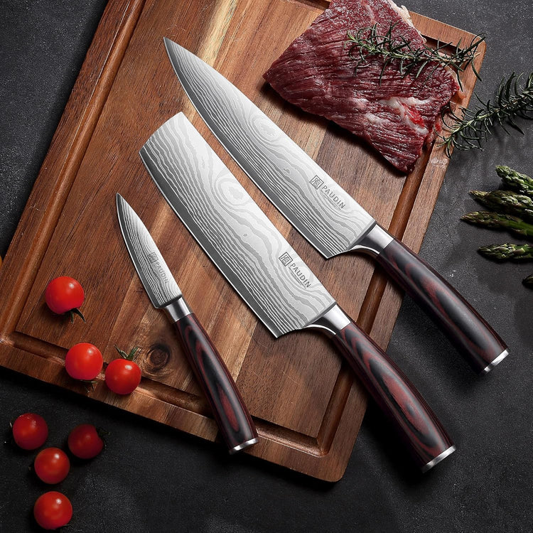PAUDIN Kitchen Knife Set, 3 Piece High Carbon Stainless Steel Professional Chef Knife Set with Ultra Sharp Blade & Wooden Handle (Kitchen Knife Set 3 Pcs)