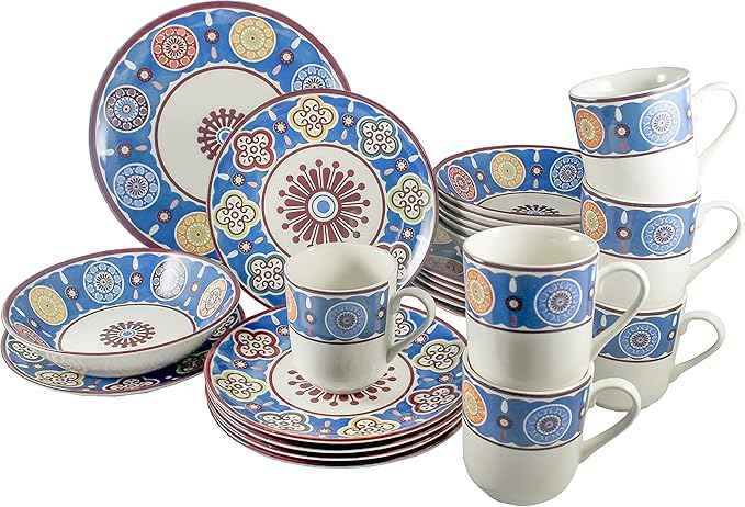 Tudor Royal Collection 24-Piece Premium Quality Round Porcelain Dinnerware Set, Service for 6 - SUMAYA Blue, See 10 Designs Inside!