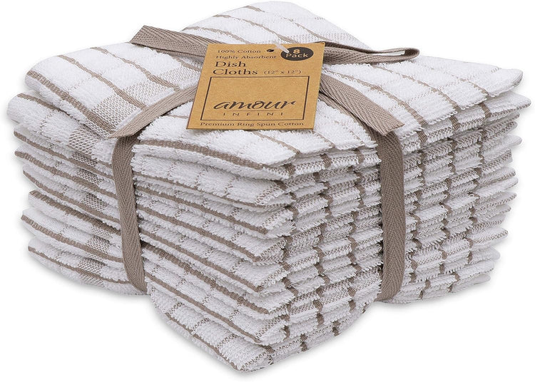 AMOUR INFINI Kitchen Dish Cloths Set of 8 - Ultra Soft, Highly Absorbent, Quick-Drying Terry Cotton Dishcloths 12"x12" Inch Wash & Cleaning Cloths for Kitchen & Dishwashing (Beige) - Nestoria