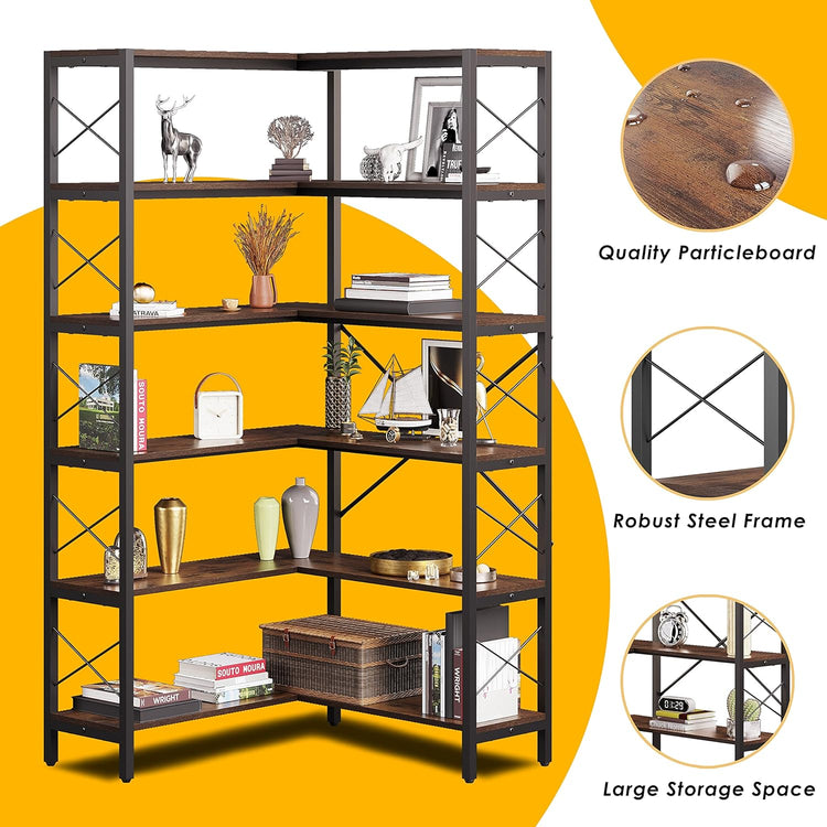 6-Shelf Corner Bookshelf, Vintage Industrial CornerBookshelf Etagere Bookcase, Large Book Shelf with Metal Frame Open Storage Corner Cabinet for Living Room Home Office(Retro Brown)