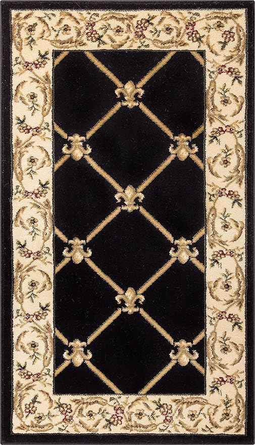 Well Woven Timeless Collection Fleur De Lis Black 2x4 Mat Luxurious Traditional French Aubusson Oriental Area Rug Perfect for Living Room Bedroom or Dining Room Easy-to-Clean Durable Design