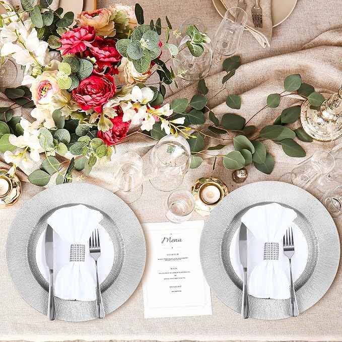 Tanlade 50 Pcs Silver Charger Plates Bulk, 13" Round Plastic Dinner Charger Plate, Shiny Silver Table Chargers Serving Plates Catering Tabletop for Thanksgiving Halloween Christmas Wedding Party Decor