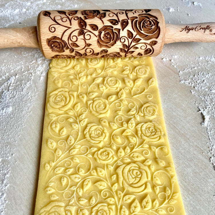GARDEN BLOSSOMS 3 Small Size Embossed Rolling Pin Set. Wooden Laser Engraved Embossing Dough Roller for Embossed Cookies Gift for Birthday