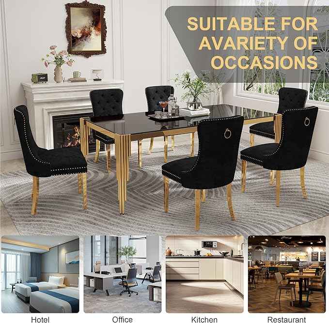 78'' Modern Glass Dining Table for 6-8 People,Black Tempered Glass Top Dining Room Table with Stainless Steel Base, Glass and Gold Dining Table for 6, Rectangle Dining Kitchen Table for Dinner