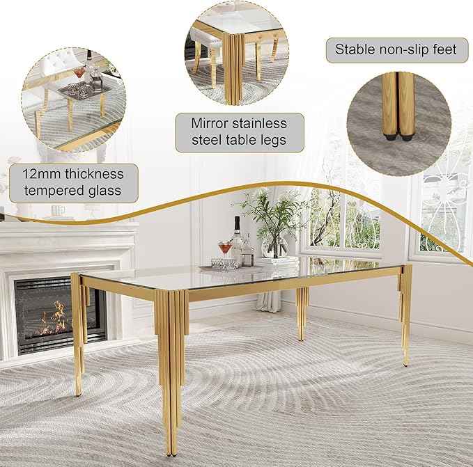 78'' Modern Glass Dining Table for 6-8 People,Tempered Glass Top Dining Room Table with Stainless Steel Base, Glass and Gold Dining Table for 6, Rectangle Dining Kitchen Table for Dinner