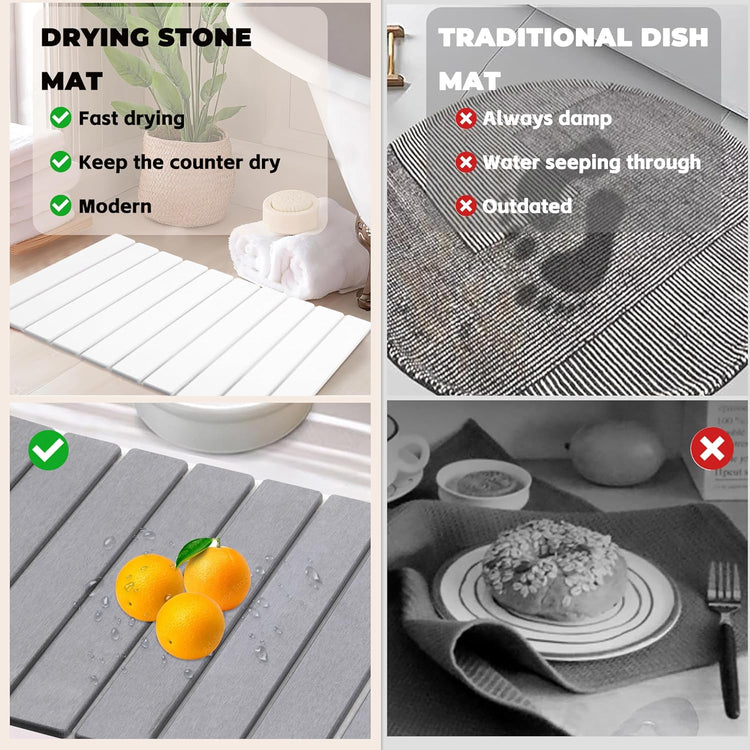 Quick Dry Collapsible Dish Drying Mat, Eco-Friendly Absorbent Diatomaceous Earth Mats for Dishes Bottles Cups 24"×16"Large Stone Dish Drying Mats for Kitchen Counter (White, 24"(L)×16"(W))