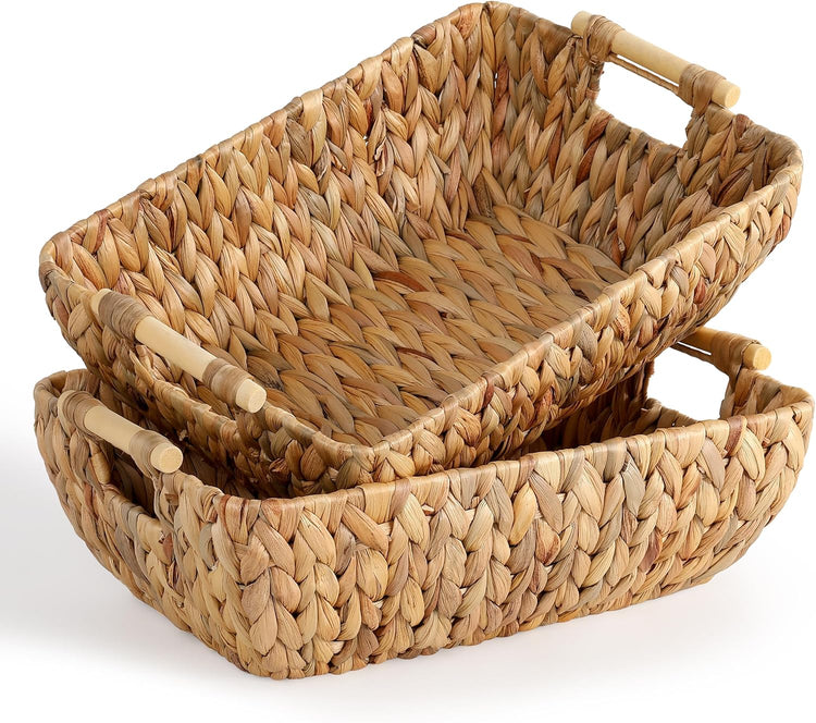 Water Hyacinth Storage Baskets with Wooden Handles,Large Wicker Baskets for Organizing Set of 2