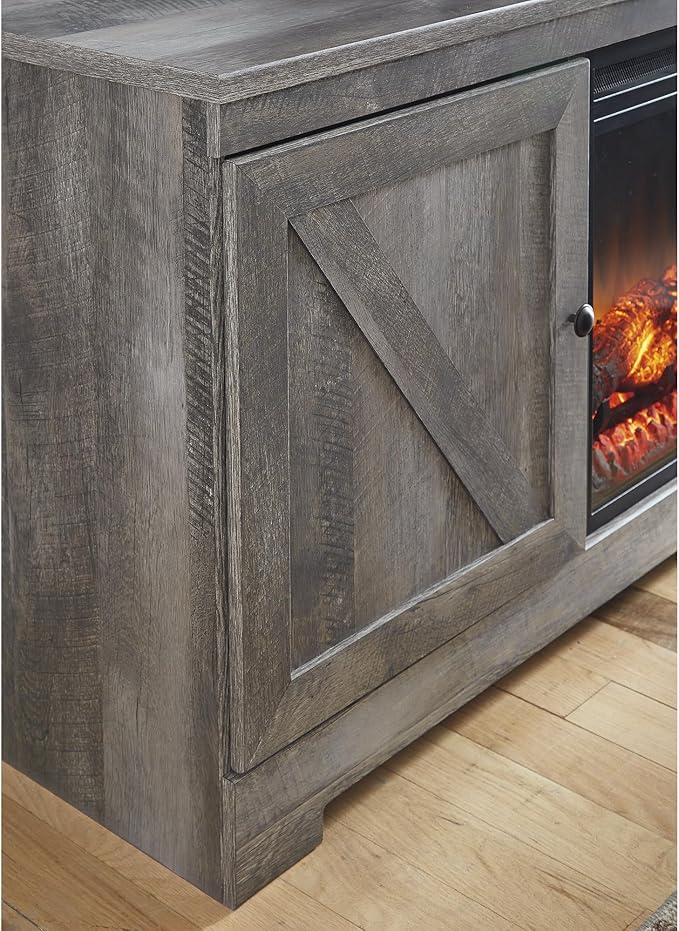 Signature Design by Ashley Wynnlow Rustic 4-Piece Entertainment Center for TVs up to 72" with LED Lighting and Adjustable Shelf, Gray