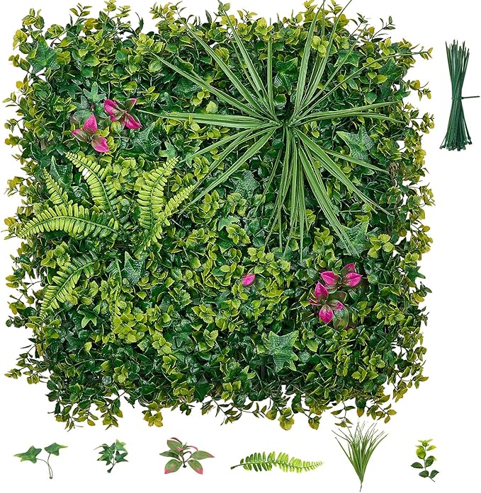 VEVOR Artificial Plant Wall, 12PCS 20 x 20 in Artificial Boxwood Panels, Greenery Backdrop Privacy Hedge Fence with Sun Protection, Fake Grass Wall Screen for Wedding, Indoor, Garden,Mixed Leaf
