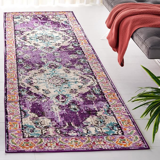 SAFAVIEH Monaco Collection Area Rug - 2'2" x 4', Violet & Light Blue, Non-Shedding & Easy to Clean, Distressed Medallion Design, Ideal for Front Door, Kitchen, Entryway, Accent Space (MNC243L)