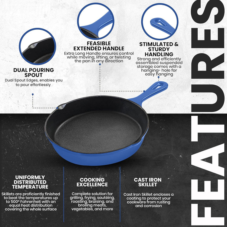 Utopia Kitchen Pre Seasoned Chefs Pan Skillet Frying Safe Grill Cookware for indoor & Outdoor Use (Blue, 8 Inch Pack of 1 - Nestoria