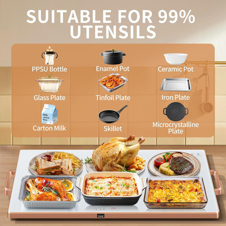 Electric Warming Tray (XXL 32”x18”),Food Warmers for Parties Buffet with Thermostat&Full Surface Heating,Tempered Glass Warming Mat for Food, Temperature Adjustable Gold Handles Food Warming Mat,White