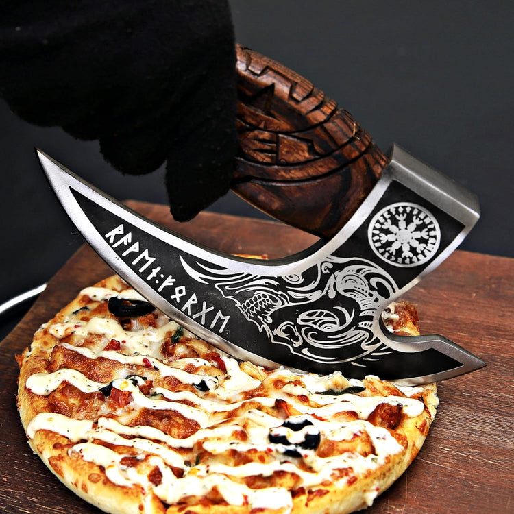 MR. CRAFT Pizza Cutter Axe Rocker Carbon Steel Slicer Chef Pizza Cutter Viking Axe with Leather Cover - Premium Pizza Oven Accessories Ulu Rocking Pizza Gift Gifts for Men (Royal Skull)
