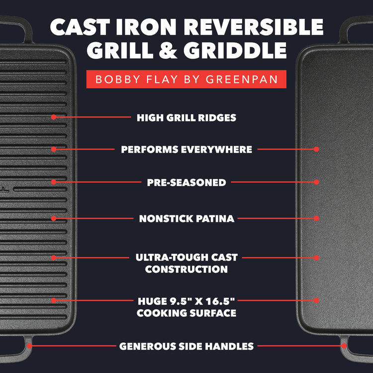 x Bobby Flay 16.5 x 9.5 Cast Iron Reversible Double Burner Griddle