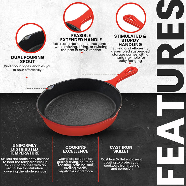 Utopia Kitchen Saute Frying Pan 6.5 Inch, Cast Iron Chefs Pan, Pre Seasoned Cast iron Skillet, Safe Grill Cookware for Indoor & Outdoor Use, Red - Nestoria