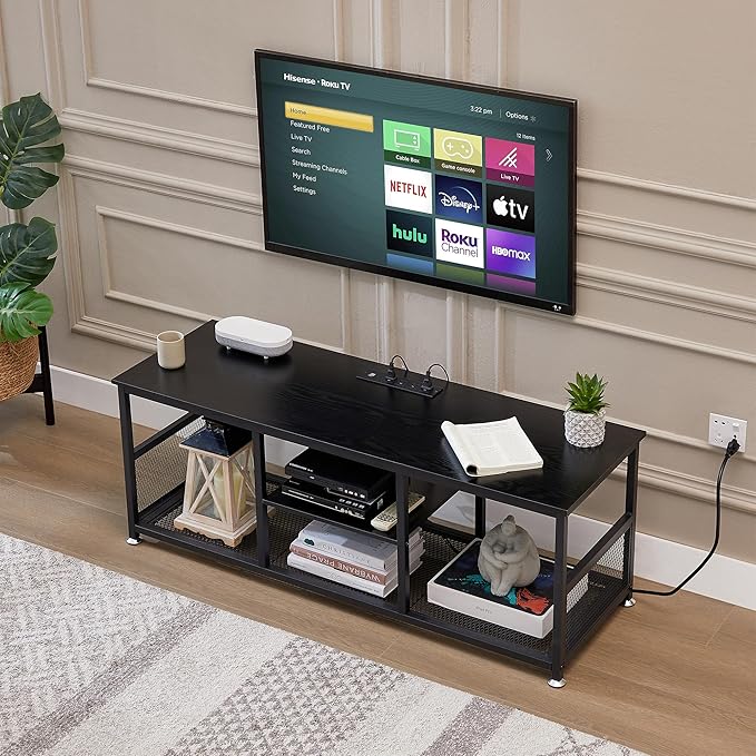 VECELO TV Stand with Power Outlets for Televisions up to 55 Inch, 47" Media Entertainment Center with Charging Station 3-Tier Open Storage Shelves with Metal Frame for Living Room/Bedroom,Black
