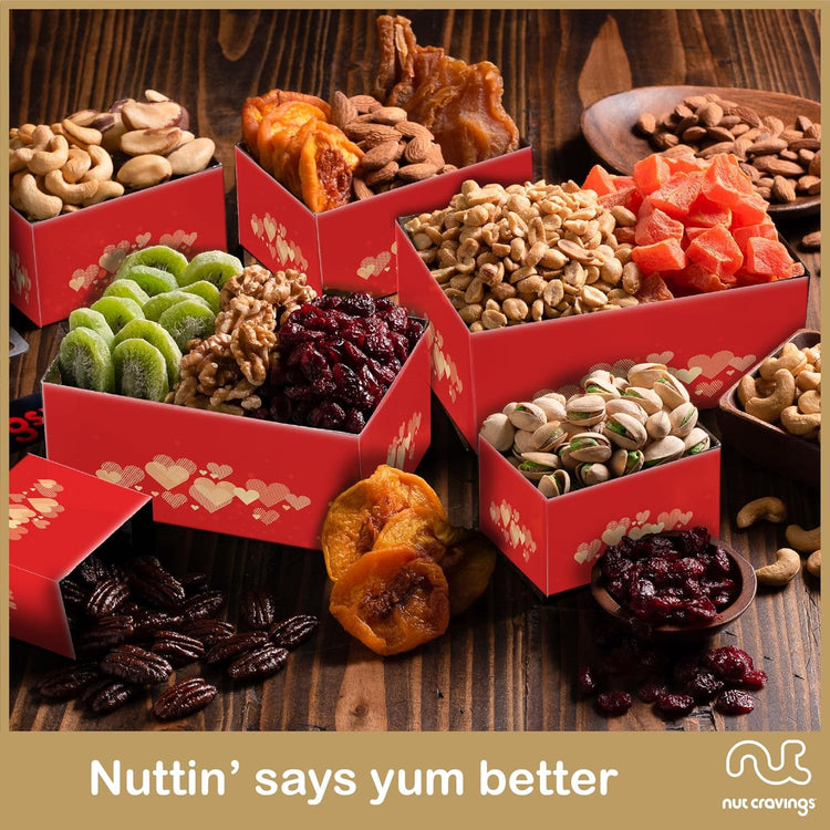 NUT CRAVINGS - Dried Fruit & Mixed Nuts Gift Basket Red Tower + Heart Ribbon (12 Assortments) Food Arrangement, Healthy Snack Care Package, Food Assortments