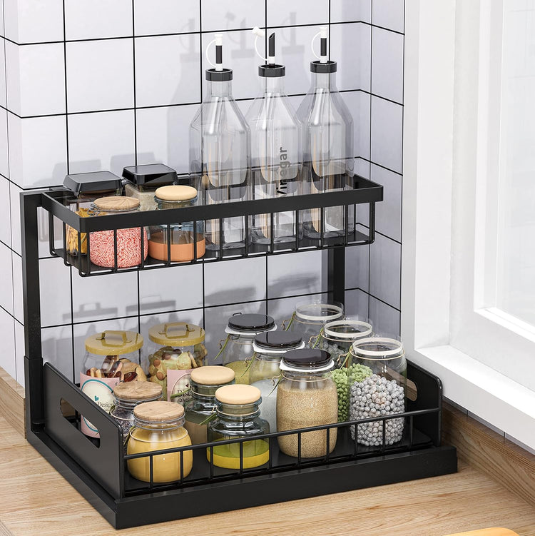 bukfen Under Sink Organizer, Pull Out Cabinet Organizer 2-Tier Slide Out Sliding Shelf Under Cabinet Storage Multi-Use for Under Kitchen Bathroom Sink Organizers and Storage ,2 Pack