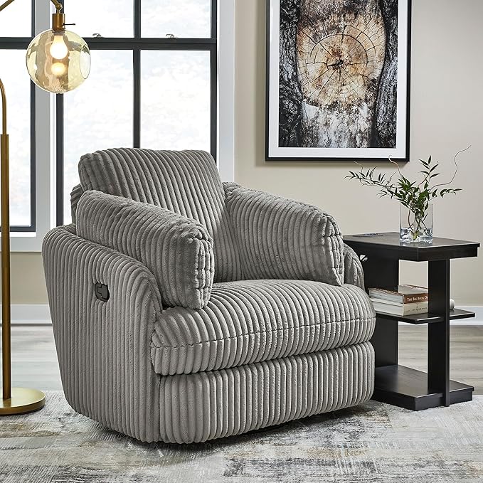Signature Design by Ashley Tie-Breaker Swivel Glider Recliner, 2 Bolster Pillows, Hidden Storage, Fabric Upholstery, 41.38" W x 40.25" D x 39.75" H, Light Gray