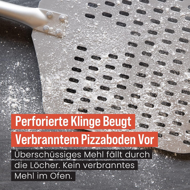 Chef Pomodoro Perforated Pizza Peel Aluminum, 12 x 14-Inch, with Detachable Wood 49-Inch Long Extendable Handle for Easy Storage, Gourmet Luxury Pizza Paddle for Baking Homemade Pizza Bread