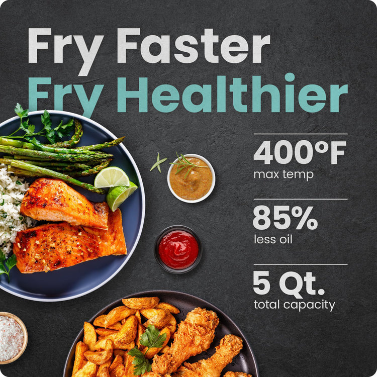 TurboX 4-in-1 Air Fryer, 5-Quart Airfryer for Extra Crispy Chicken, Fries, Wings, and More, Air Fry, Bake, Reheat, and Frozen Functions, Digital Touch Controls, Dishwasher Safe - Gray