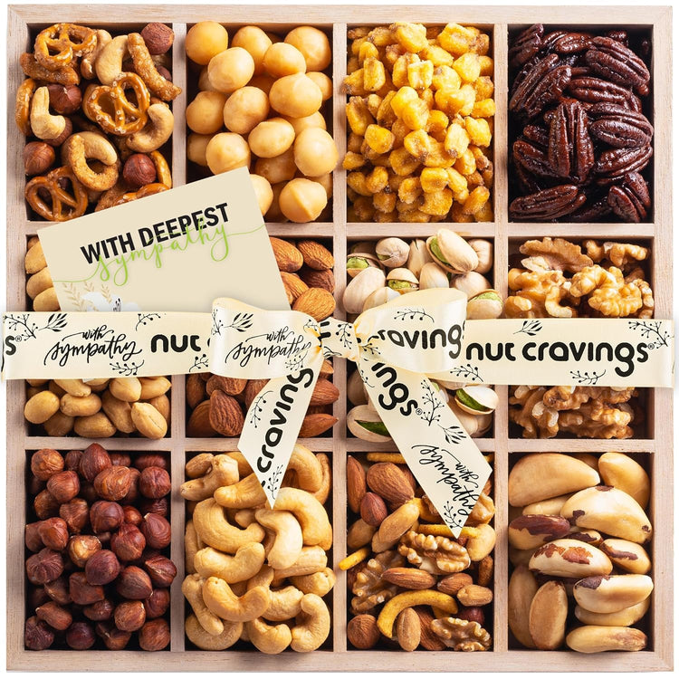 NUT CRAVINGS Gourmet Collection - Sympathy Condolence, Nuts Gift Basket with Sympathy Ribbon + Greeting Card in Reusable Wooden Tray (12 Assortments) Food Platter Healthy Snack Care Package, Food Assortments