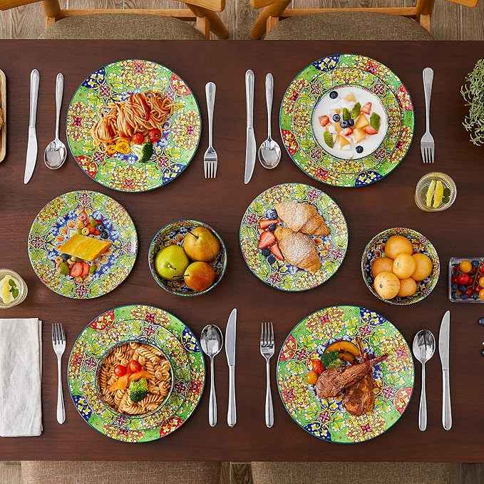 vancasso 12 Pieces Dinnerware Sets, Green Plates and Bowls Set, Porcelain Dishes Set for 4, Microwave and Dishwasher Safe, Scratch Resistant, Bohemian Style Dining Ware Service for 4, Series SIMI
