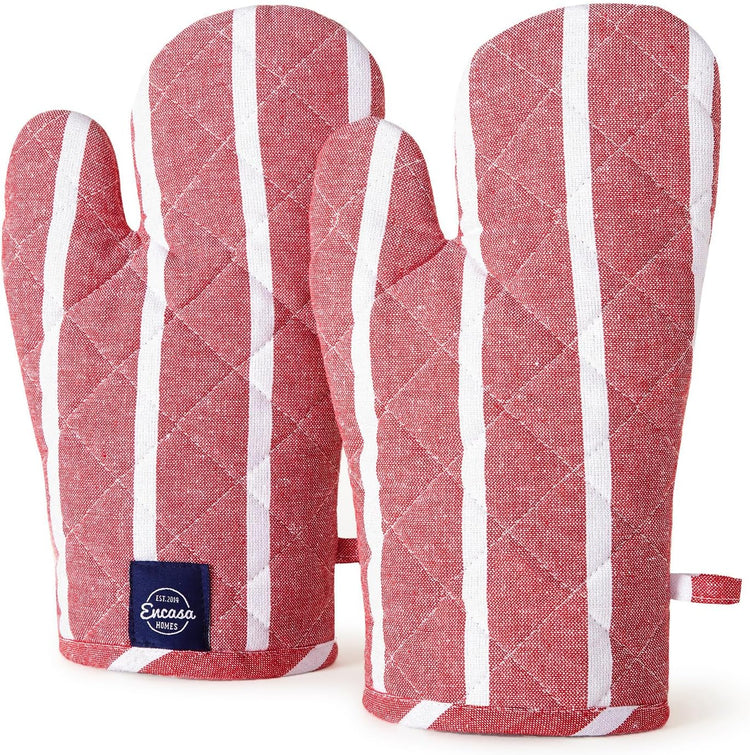 Encasa XO Long 12"x7" Oven Microwave Hand Gloves Mitts (2 pc Set) for Kitchen Cooking & Baking - Heat Resistant, Thick & Safe, Protection of Hands from Hot Utensils - Roma Red Stripes