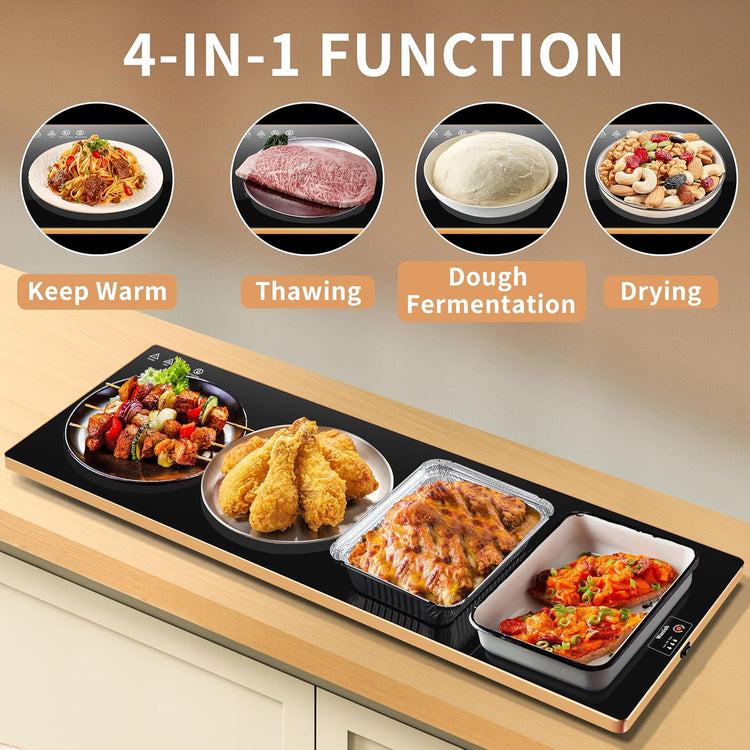 Electric Warming Tray(Extra Long 40”x12”),Food Warmer with Thermostat and Full Surface Heating,Food Warming Mat with 2 Temperature Modes for Parties Buffet,Gatherings,Gold Edge Warming Mat for Food