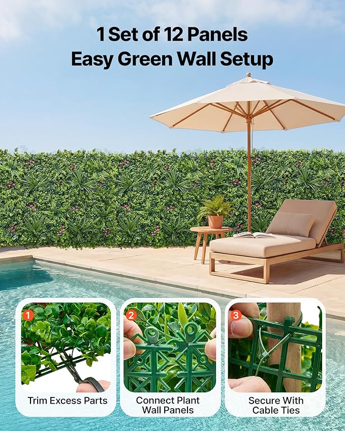 VEVOR Artificial Plant Wall, 12PCS 20 x 20 in Artificial Boxwood Panels, Greenery Backdrop Privacy Hedge Fence with Sun Protection, Fake Grass Wall Screen for Wedding, Indoor, Garden,Mixed Leaf