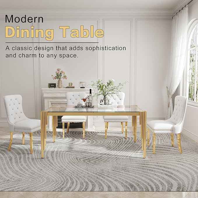 63'' Modern Glass Dining Table for 4-6 People,Tempered Glass Top Dining Room Table with Stainless Steel Base, Glass and Gold Dining Table for 6, Rectangle Dining Kitchen Table for Dinner