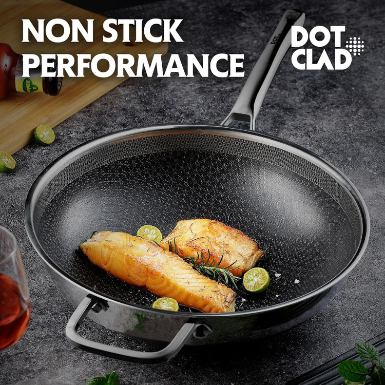 Wok pan,Hybrid 12 inch Wok with Lid, PFOA Free Cookware,non stick Stainless Steel Woks & Stir-fry pans Nonstick, Dishwasher and Oven Safe, Works on Induction