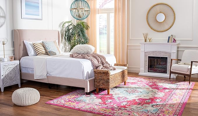 SAFAVIEH Monaco Collection 8' Round PinkMulti MNC243D Boho Chic Medallion Distressed Non-Shedding Living Room Dining Bedroom Foyer Area Rug