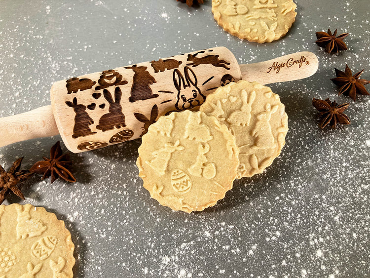 EASTER 3 Mini Embossed Rolling Pin Set. Wooden Laser Cut Embossing Rolling Pins for Embossed Cookies. Easter