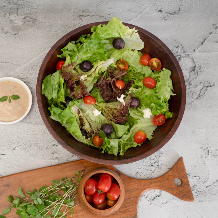 12" Dark Burnt Wooden Salad Bowl Set with Serving Utensils Eco