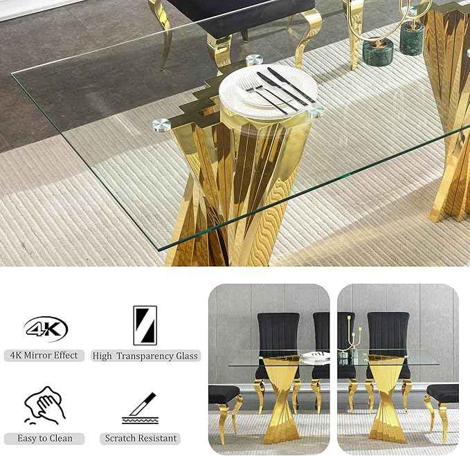 94" Modern Glass Gold Dining Table for 8-10, Luxury Kitchen Table with Tempered Glass Top & Mirror Finish Stainless Steel Base, Large Dinner Pedestal Tables for Home Banquet Hall Room, Only Table