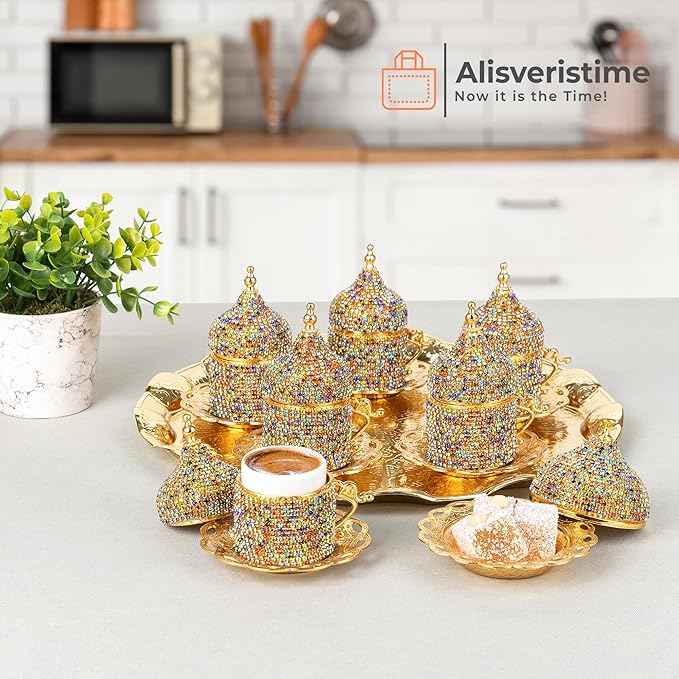 Alisveristime Crystal Embellished Turkish Coffee Set – 27 Pieces – Decorative Zamac Espresso Cups, Saucers and Sugar Bowl with Tray – Available in Three Color Variations (Multi)