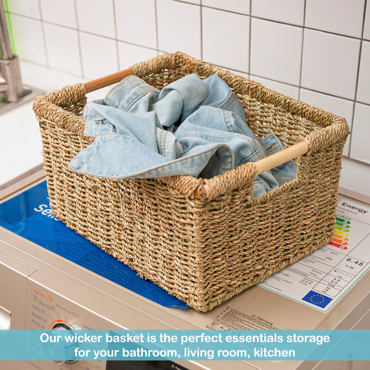 Large Wicker Basket Rectangular with Wooden Handles for Shelves (3 Count)