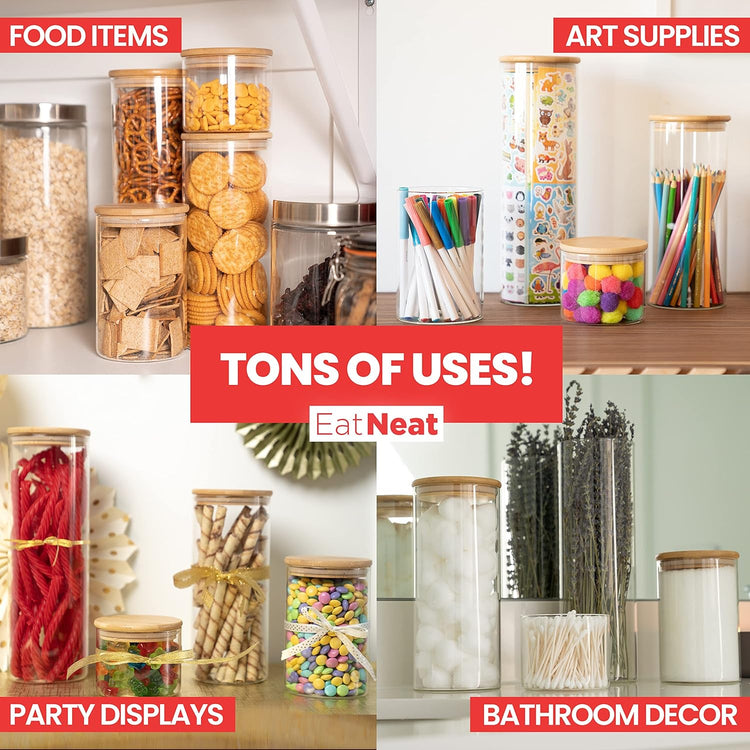 EatNeat 4‑Piece Glass Canister Set with Airtight Bamboo Lids – Giftable Kitchen Storage – Tall Jar Fits Spaghetti – 74/56/36/20 oz for Pantry, Dry Goods, Coffee, Snacks & More