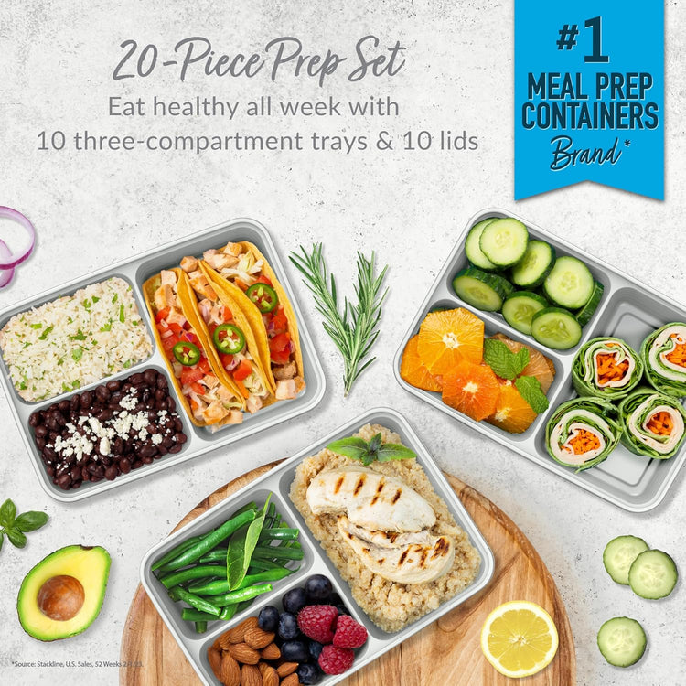 Bentgo 20-Piece Lightweight, Durable, Reusable BPA-Free 3-Compartment Containers - Microwave, Freezer, Dishwasher Safe - Silver
