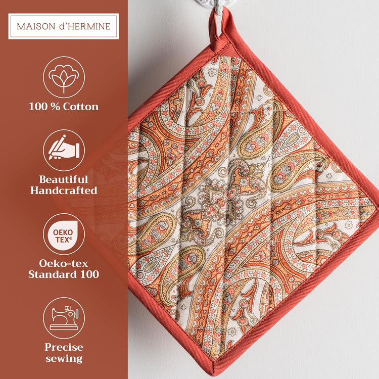 Maison d' Hermine Pot Holders Set 100% Cotton Heat Resistant Potholders 8" x 8" Hot Pads with Loop BBQ, Cooking, Baking, Grilling, Kitchen, Handling Hot Pans (Pack of 2, Kashmir Paisley)