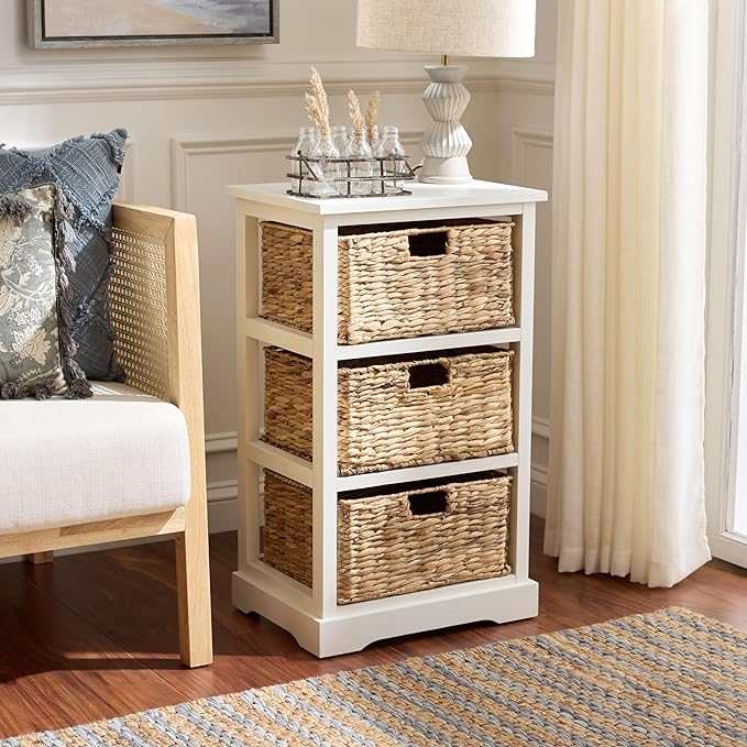 SAFAVIEH Home Collection – Halle Ivory 3-Drawer Basket Storage Side Table, Coastal Accent Design, Fully Assembled (AMH5738K)