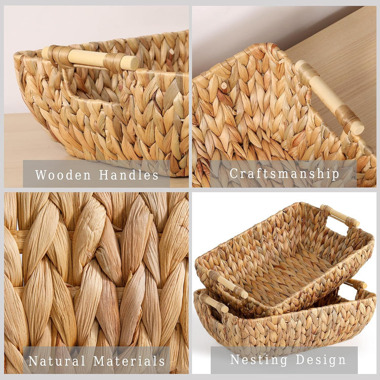 Water Hyacinth Storage Baskets with Wooden Handles,Large Wicker Baskets for Organizing Set of 2