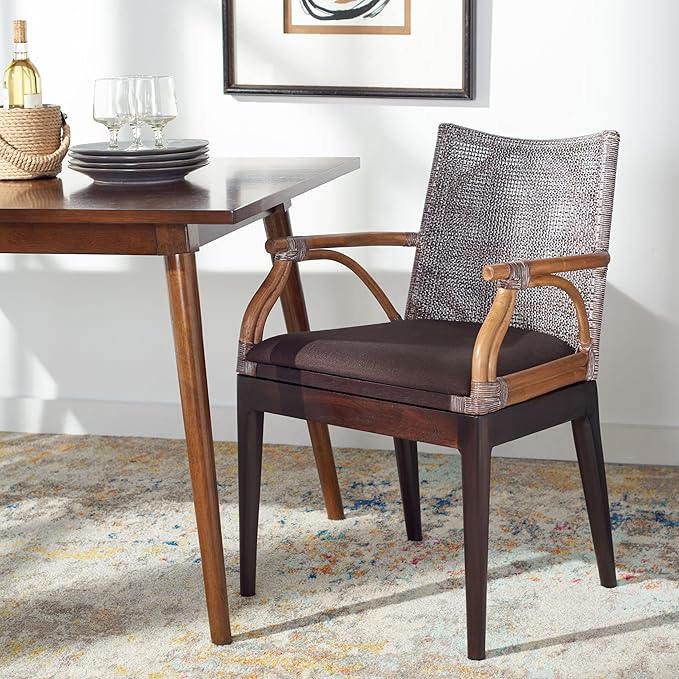 SAFAVIEH Home Collection - Gianni Brown & Dark Brown Solid Wood Rattan Arm Chair, Tropical Coastal Accent Seating for Living Room or Dining Space (SEA4011C)