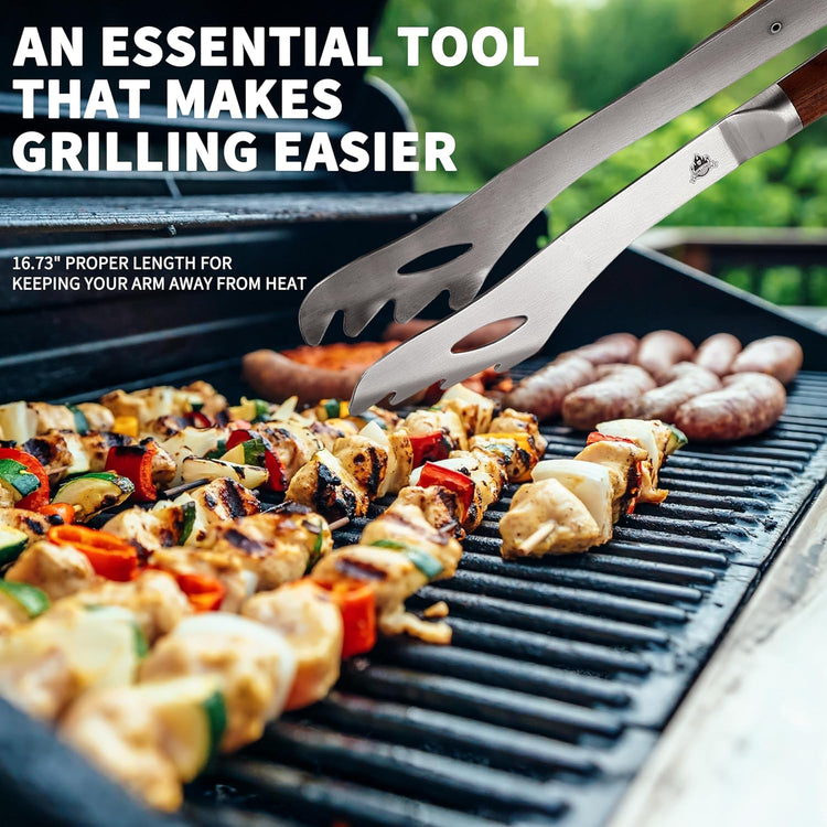 GRILLGEN Heavy Duty Rosewood Handle BBQ Grill Tongs, 16.73" Long Premium BBQ Grill Tongs for Outdoor Grilling, Essential Accessory for Barbecue & Grill, Best Grilling Gift
