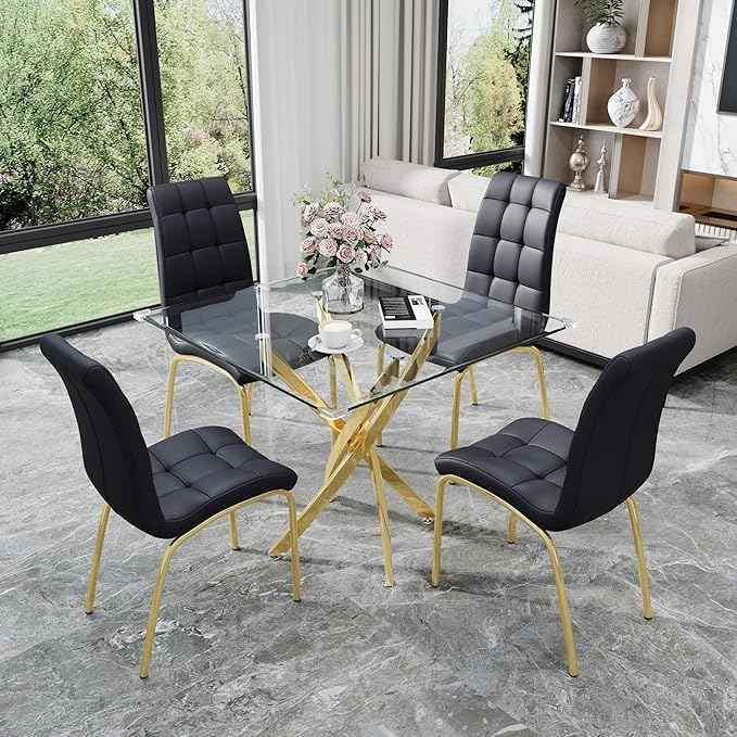 5 Piece Square Glass Dining Table Set, Round Tempered Glass Kitchen Table for 4, Modern Table with 4 High-Back Upholstered Chairs for Kitchen Dining Room (Gold Legs, 4 Black Chairs)