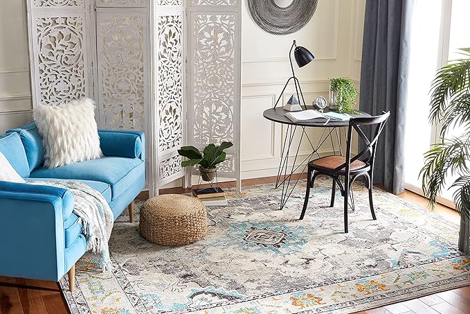 SAFAVIEH Monaco Collection Area Rug - 11' x 15', Grey & Light Blue, Non-Shedding & Easy to Clean, Distressed Medallion Design, Ideal for Living Room, Bedroom, Dining Space (MNC243G)